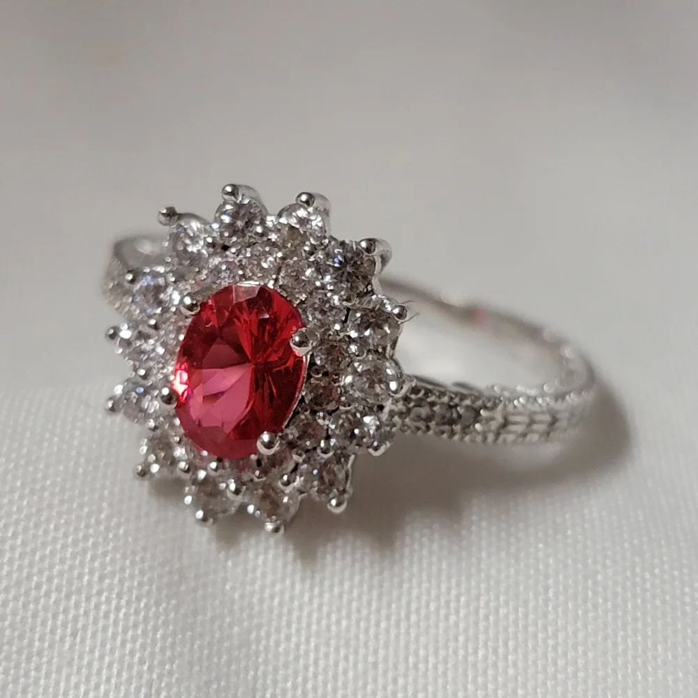 Gorgeous Halo Ruby and White Sapphire Simulated Stone Silver Tone Ring